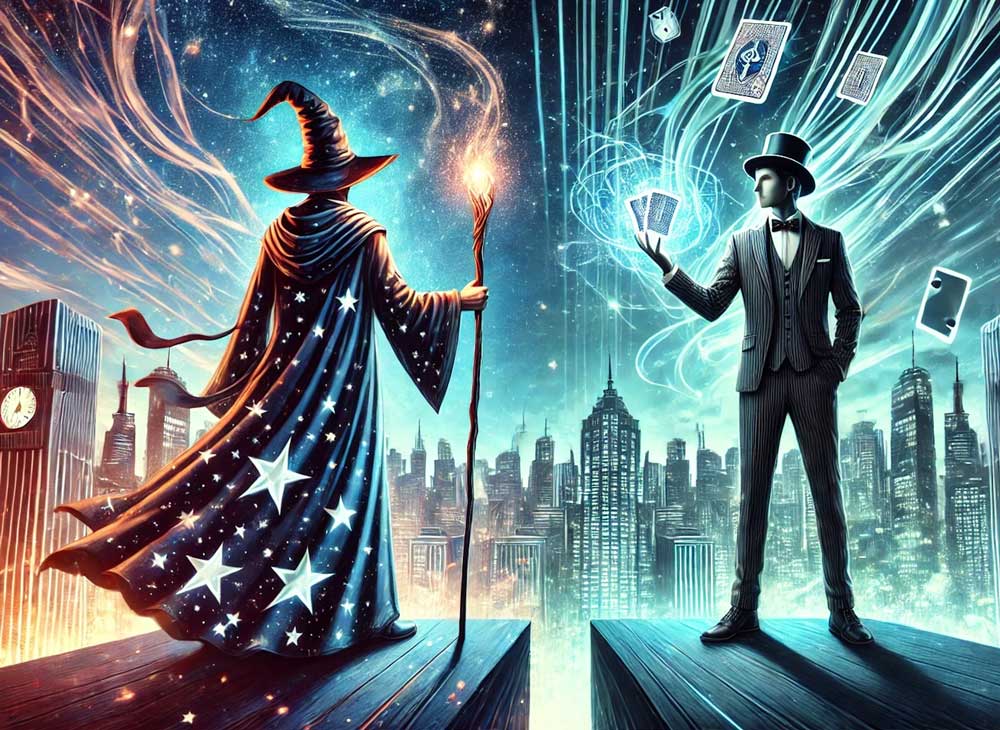 7 hlavních rozdílů mezi moderním kouzelníkem a čarodějem a man in a hat and a long robe holding cards